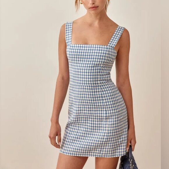 Reformation Dresses & Skirts - NEW Reformation Brigitte Linen Dress Blue and White Gingham Azure Check | size 2